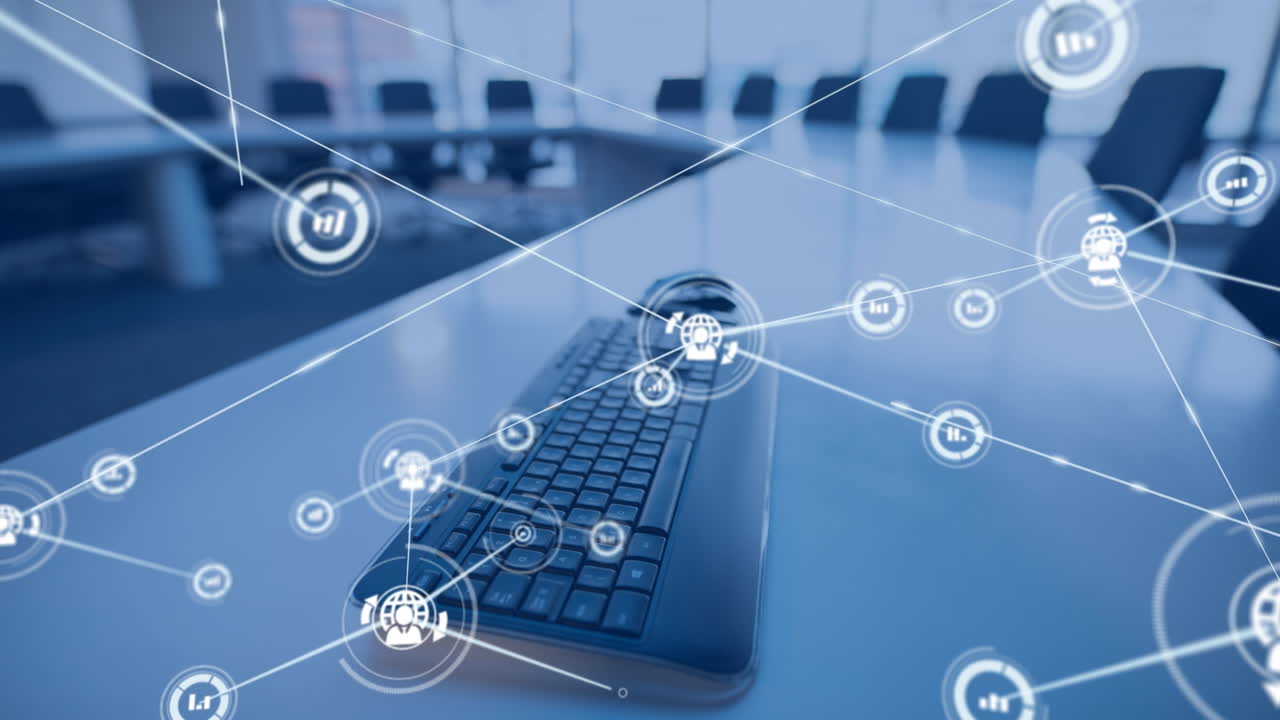 오피스 위의 아이콘과 연결 네트워크의 애니메이션