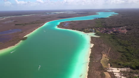 wide drone shot of turquoise waters at bacalar mexico