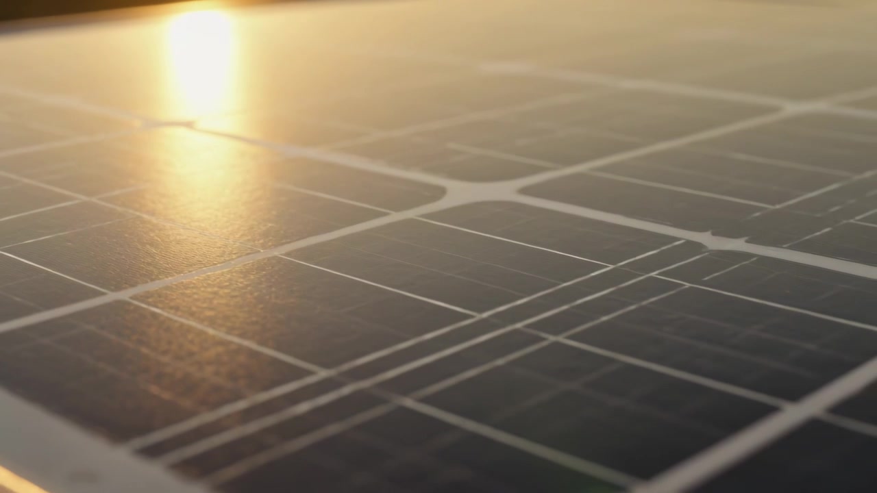 Lente della telecamera che si sposta rivelando la superficie di un pannello solare su un tetto, evidenziando le sbarre collettrici e il bagliore del sole.