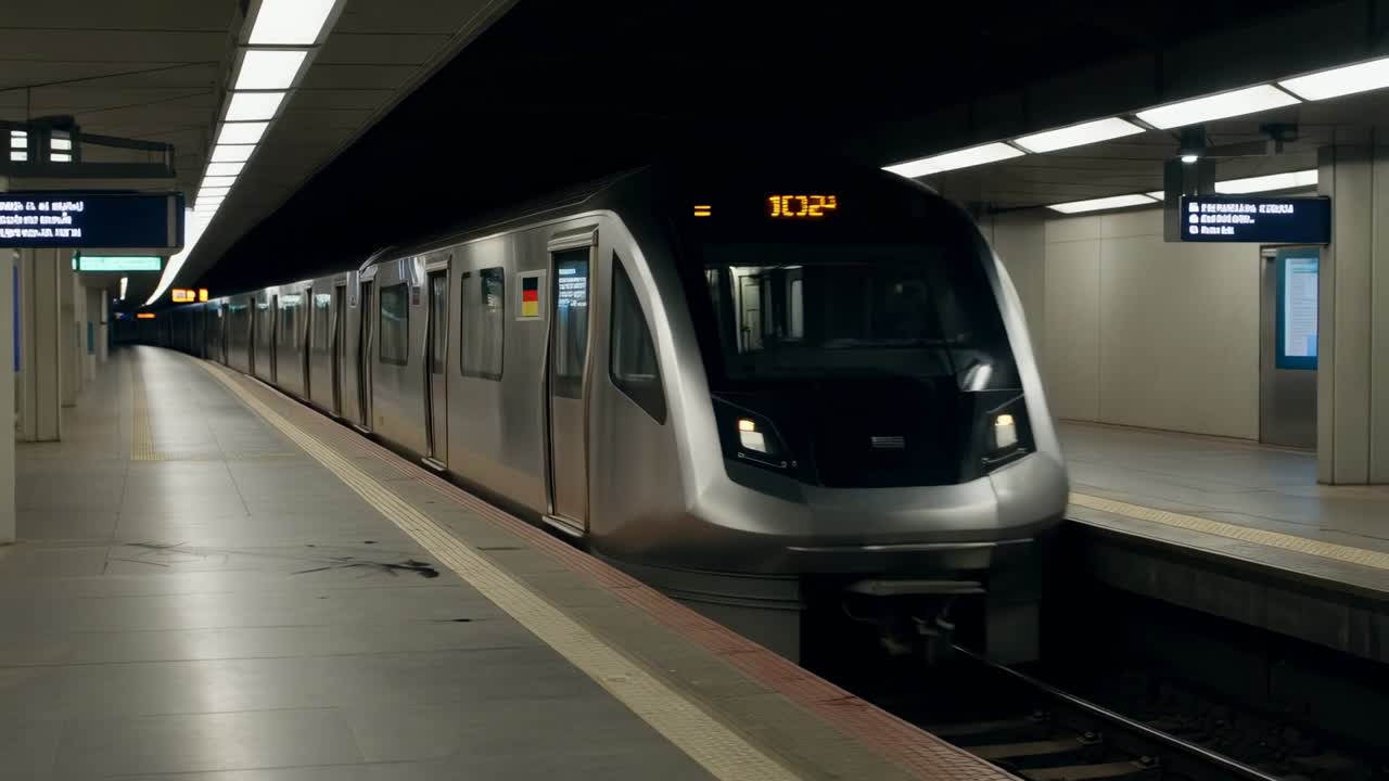 Treno argentato in arrivo che entra nella banchina della metro, camera che zooma sul pannello LED nero rosso giallo