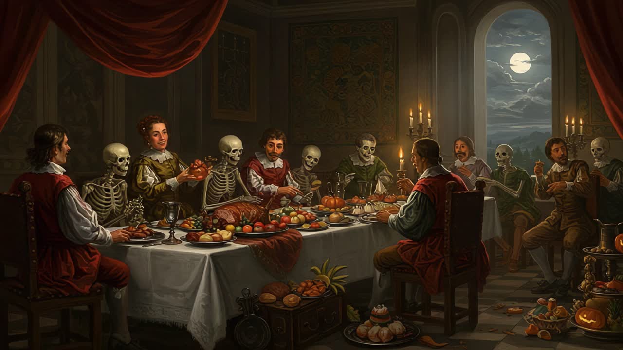 A Surreal Feast: A Whimsical Gathering of Living and Skeleton Guests at a Banquet Table Under the Full Moon, Blending Life and Death in a Unique Perspective