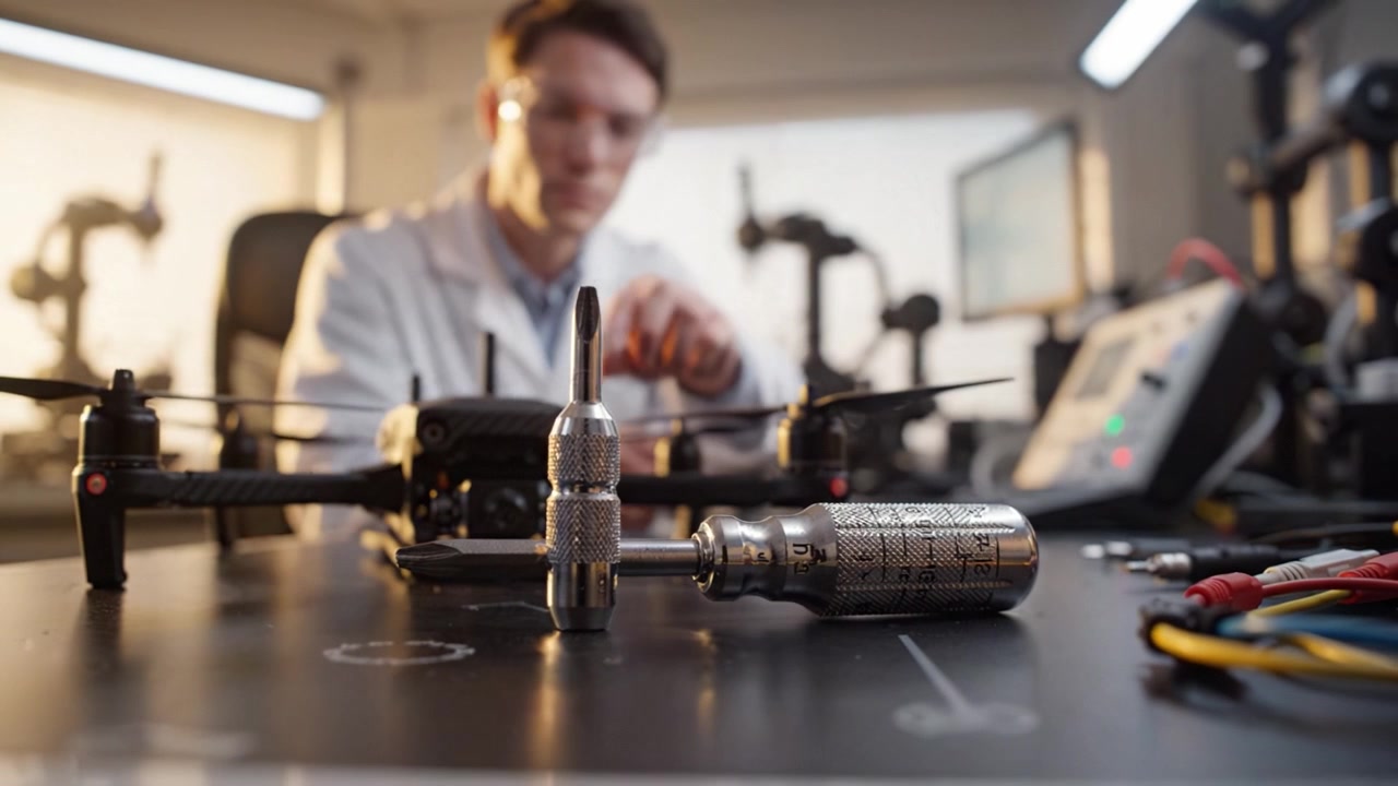 Un tecnico esamina e ripara meticolosamente un drone utilizzando strumenti specializzati, mostrando una combinazione di tecnologia e precisione in un moderno ambiente di lavoro.