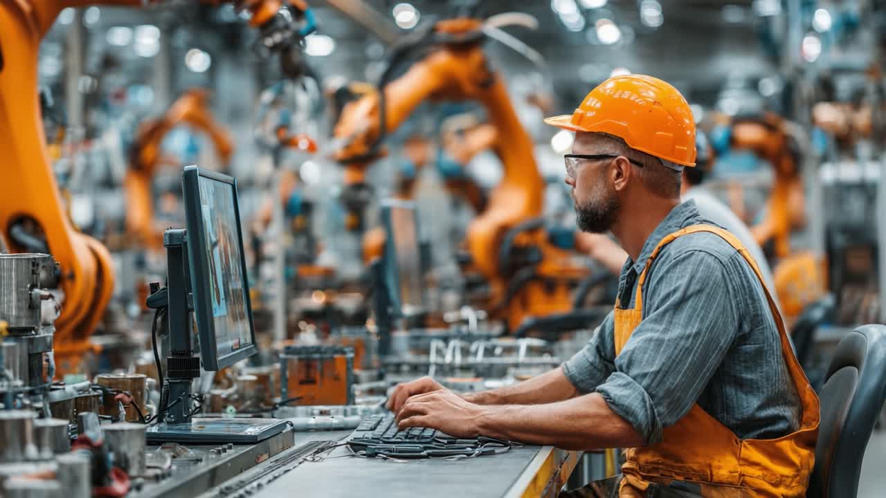 A focused factory worker operates machinery at a high-tech automated facility, showcasing the integration of human skill with advanced robotics in a dynamic industrial environment
