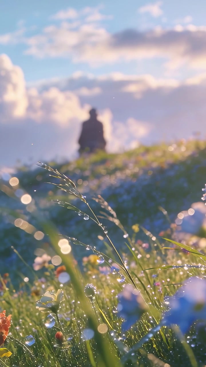 Vertical video: Panning camera on dew blooms, showing lone figure in dark coat on ridge to contrast