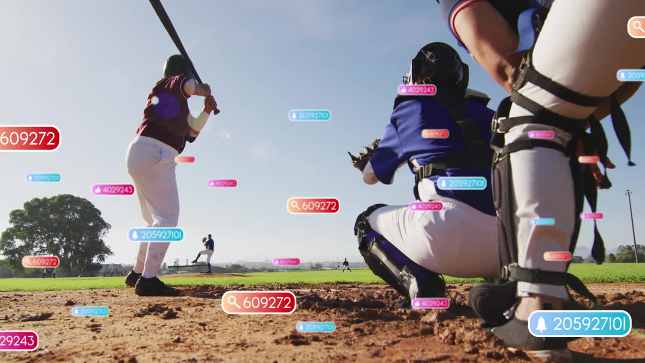 On baseball field, players with colorful animation data tags floating around