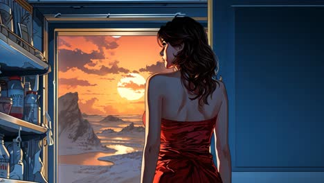 woman in red dress gazes at sunset over serene landscape
