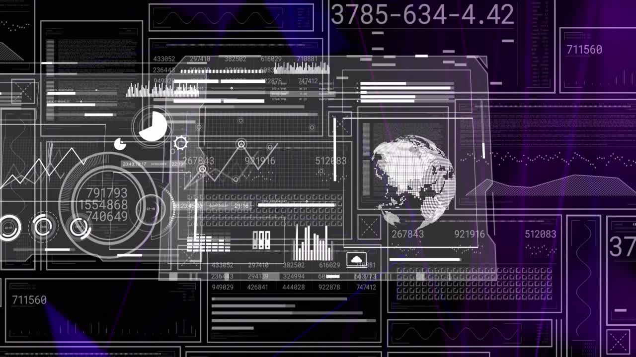 Animation of data processing over dark background