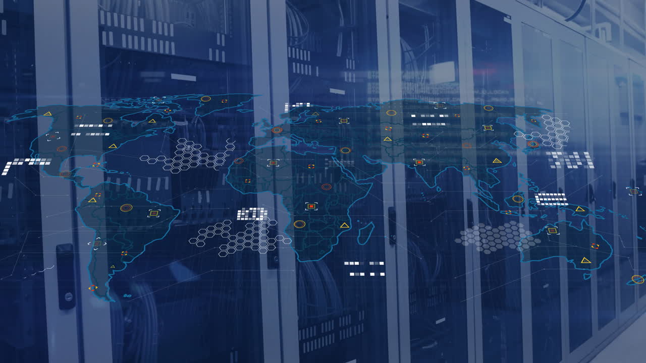 Animation of digital data processing over world map and computer servers