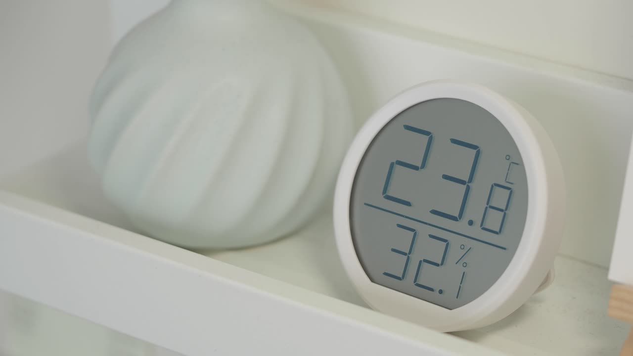 Digital Hygrometer on a White Shelf