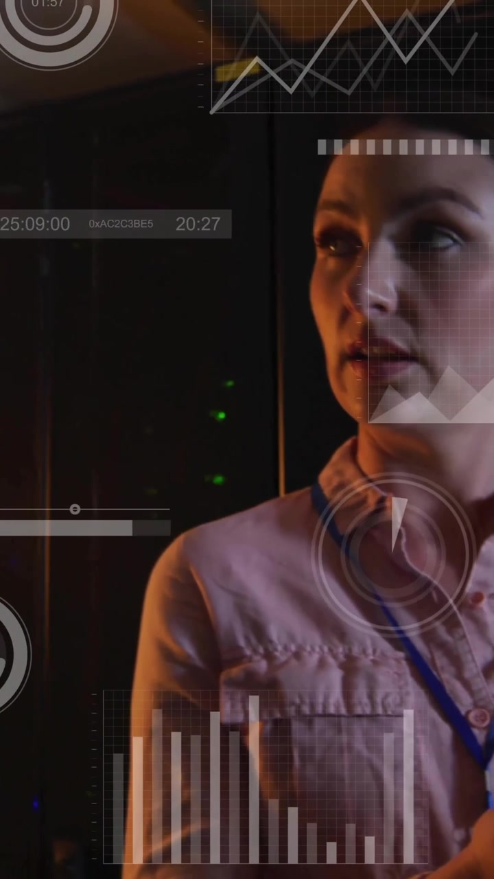 Discussing data analytics with colleague, businesswoman viewing data visualization animation