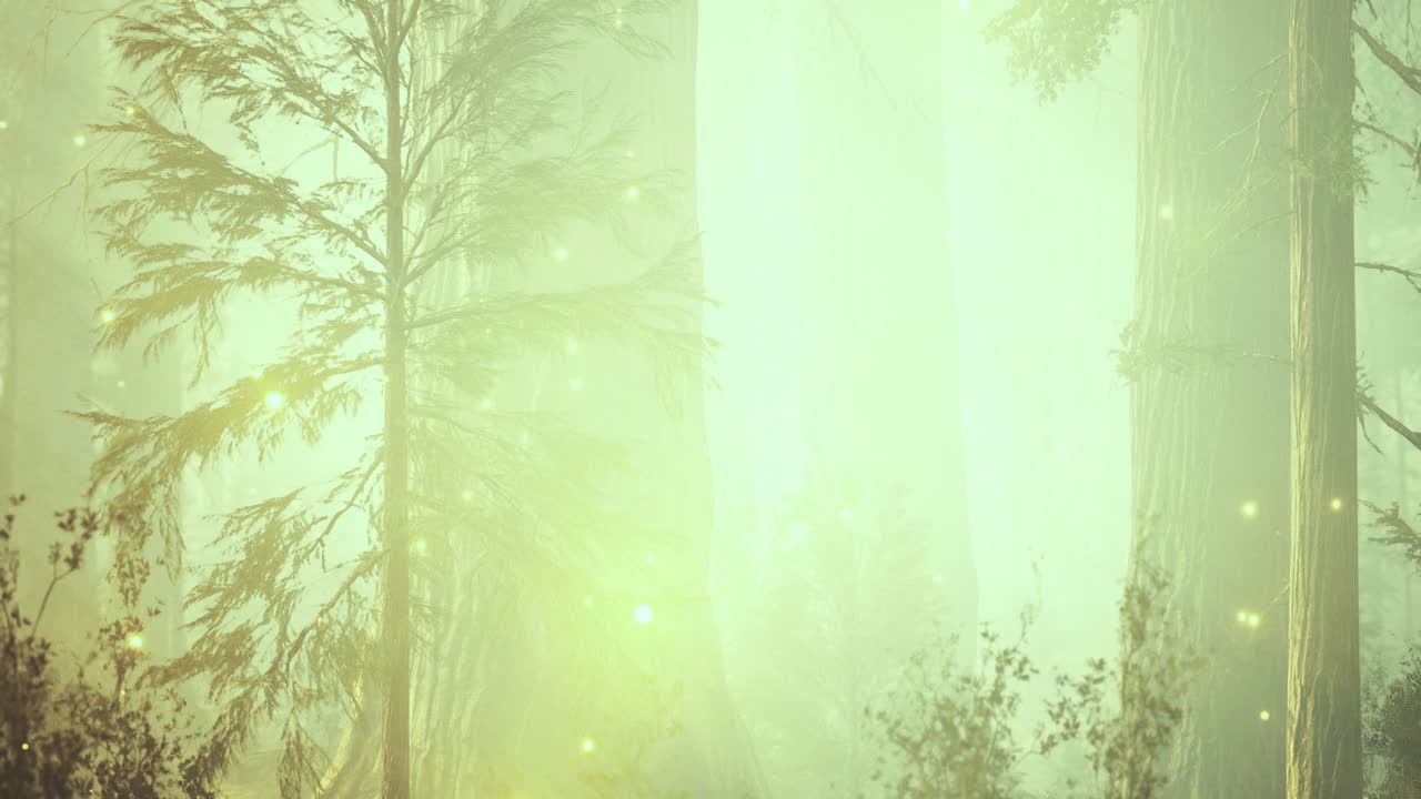 Misty forest landscape with tall trees and soft light at dawn