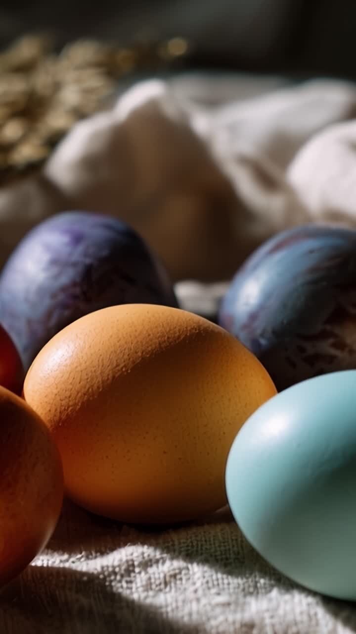 Colorful Eggs on a Textured Surface: Capturing the Beauty of Vibrant Hues in a Still Life Composition with Natural Lighting