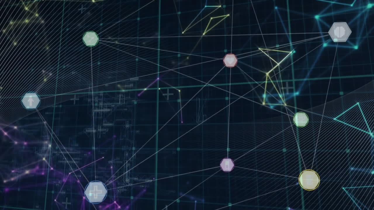 Forming network connections, geometric shapes and lines animation over dark background