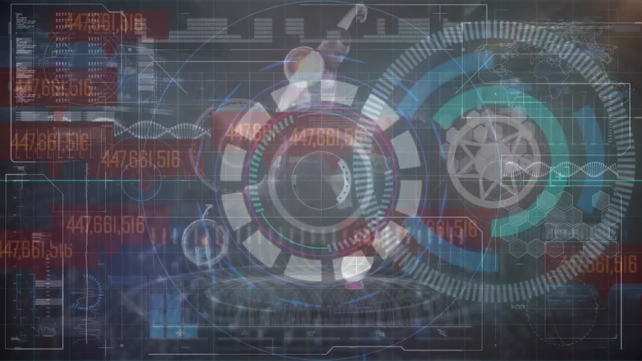 Animation of data processing and scope scanning over african american football player at stadium