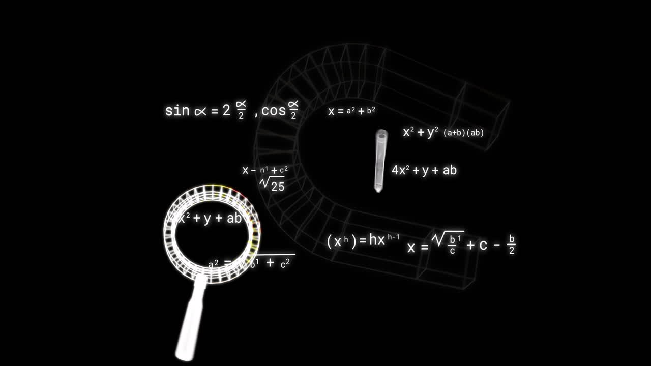 검은 바탕에 수학 방정식 위의 아이콘의 애니메이션