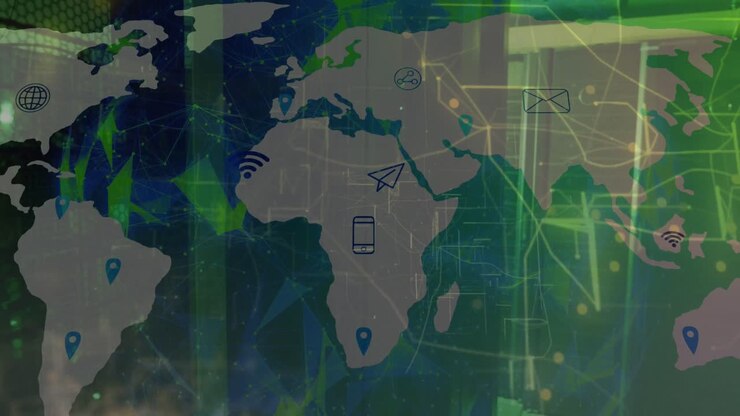 Animation of globe, world map and connections over servers