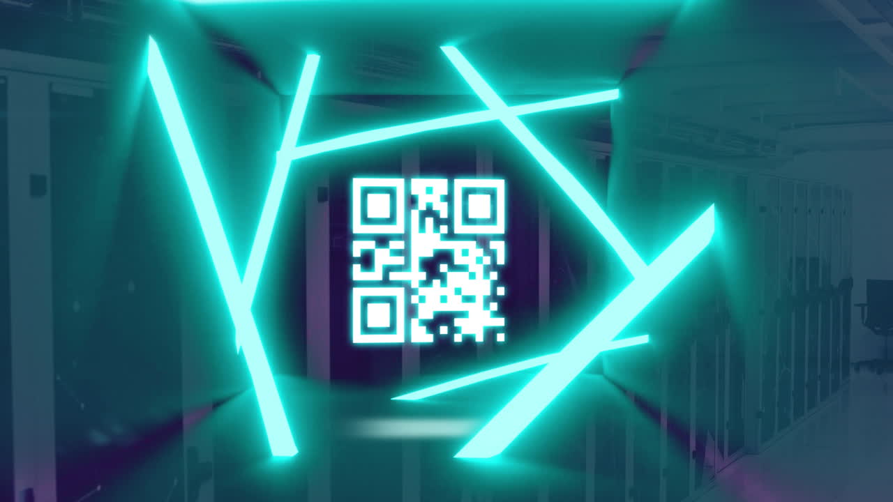 Animation of qr code flashing with neon green lights over computer servers