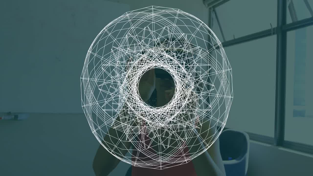 animación de visores escaneando sobre una mujer de negocios con auriculares vr