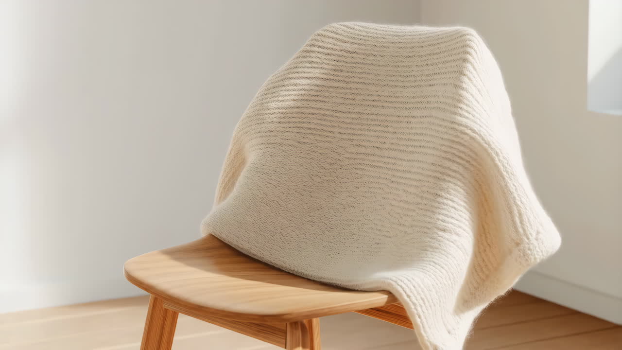 A cream blanket draped over a modern wooden chair
