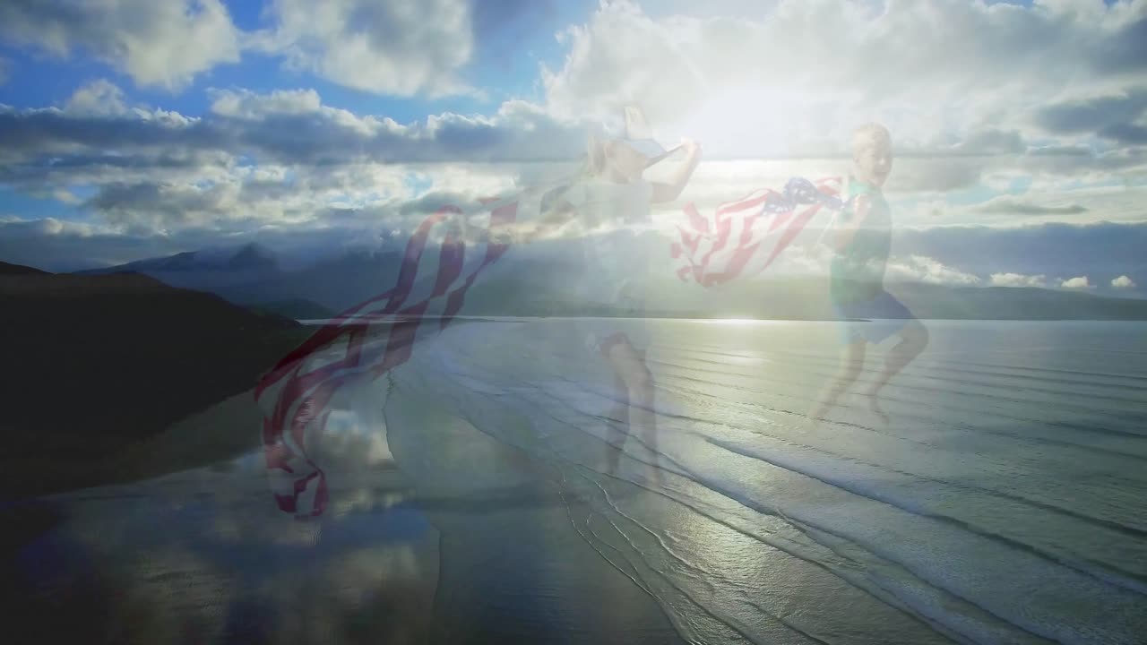 animación de paisaje con océano sobre hermanos caucásicos con bandera estadounidense