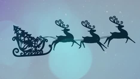 Animation-of-silhouette-of-christmas-tree-in-sleigh-being-pulled-by-reindeer-with-snow-falling-on-bl