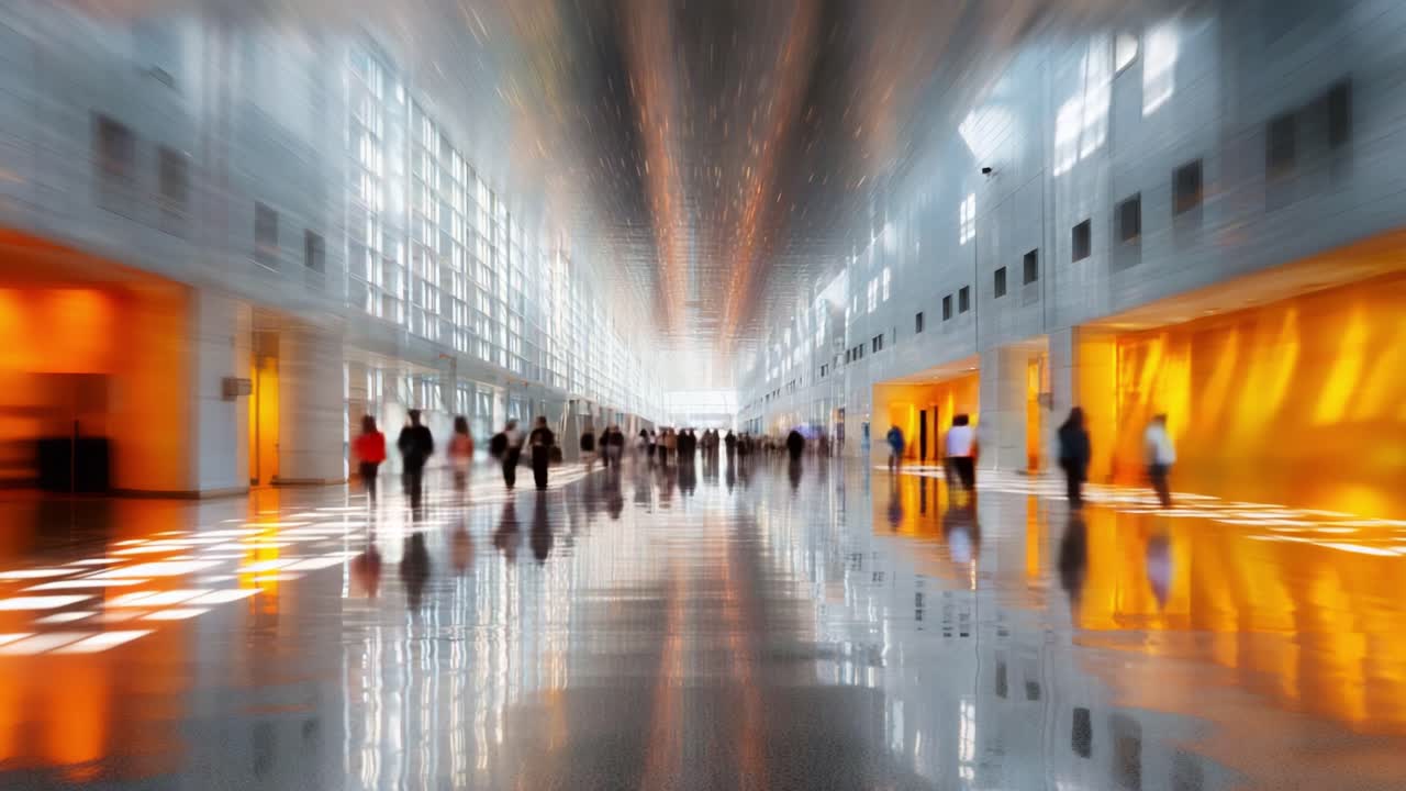 A Busy Modern Indoor Space with Reflections: Capturing the Vibrant Atmosphere of an Enclosed Hallway Filled with People and Glowing Lights in a Contemporary Design
