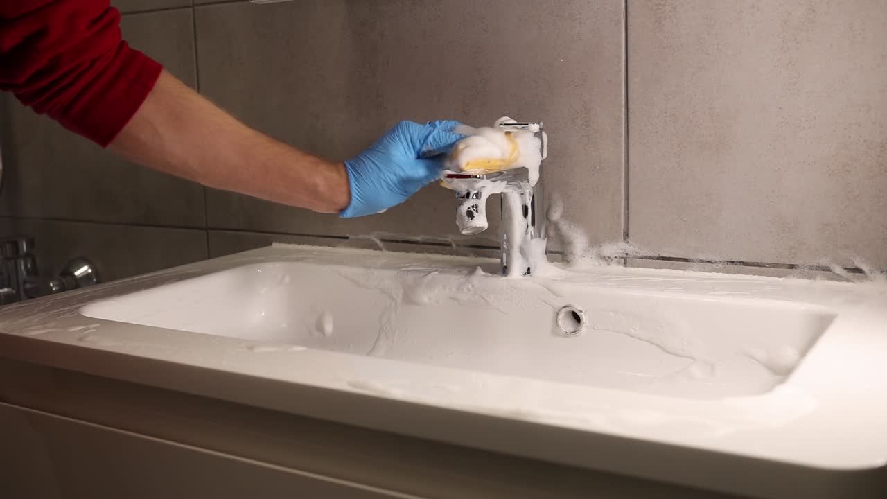 the cleaning company cleans the bathroom with the help of professional products for removing dirt and plaque from plumbing