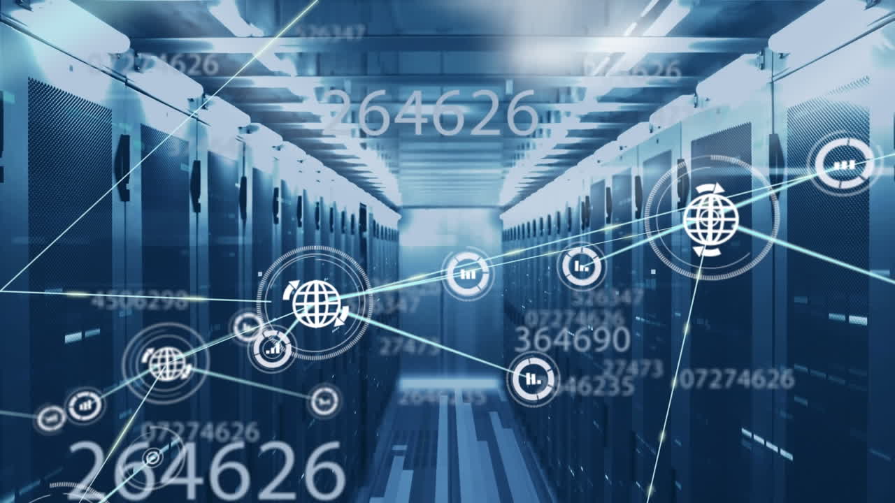 animación de la red de conexiones con iconos a través de un servidor informático