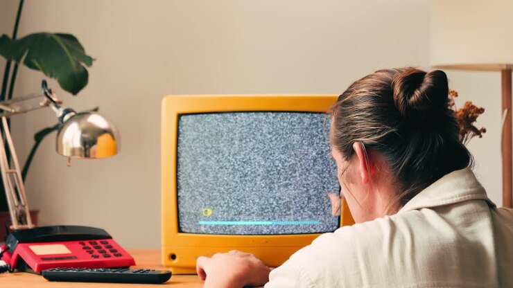 TV retrò, televisione vintage. In un'ambientazione nostalgica, un televisore retrò mostra grana sullo schermo, dispositivo per una spaventosa notte di Halloween, ottimo per chroma key e green screen. Filmato 4K di alta qualità.