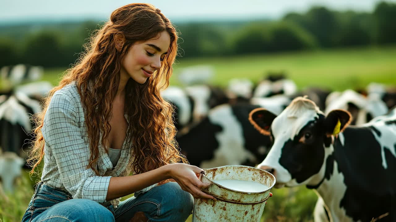 Girl milking cows in pasture. A joyful young woman collects fresh milk from a bucket while surrounded by cows in a sunny, green field