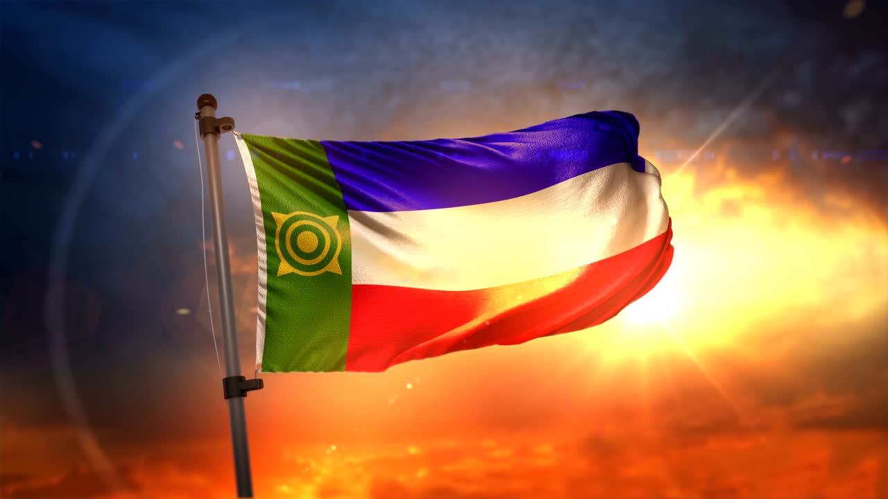 bandera de khakassia retroiluminada en el hermoso amanecer bucle cámara lenta 4k
