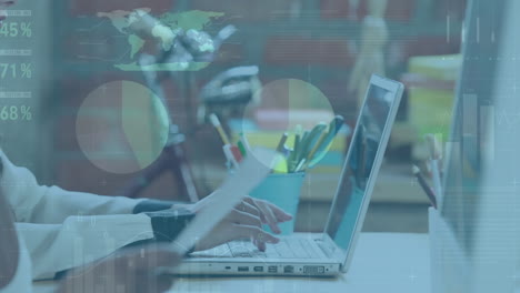 animación del procesamiento de datos financieros sobre una mujer de negocios que usa una computadora portátil en la oficina