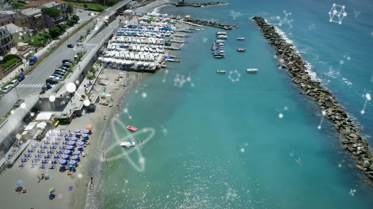 해변의 공중 전망에 대해 떠다니는 분자 구조의 디지털 구성