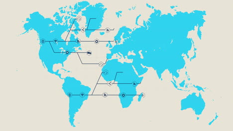 blue world map with growing black network of connected icons on white background