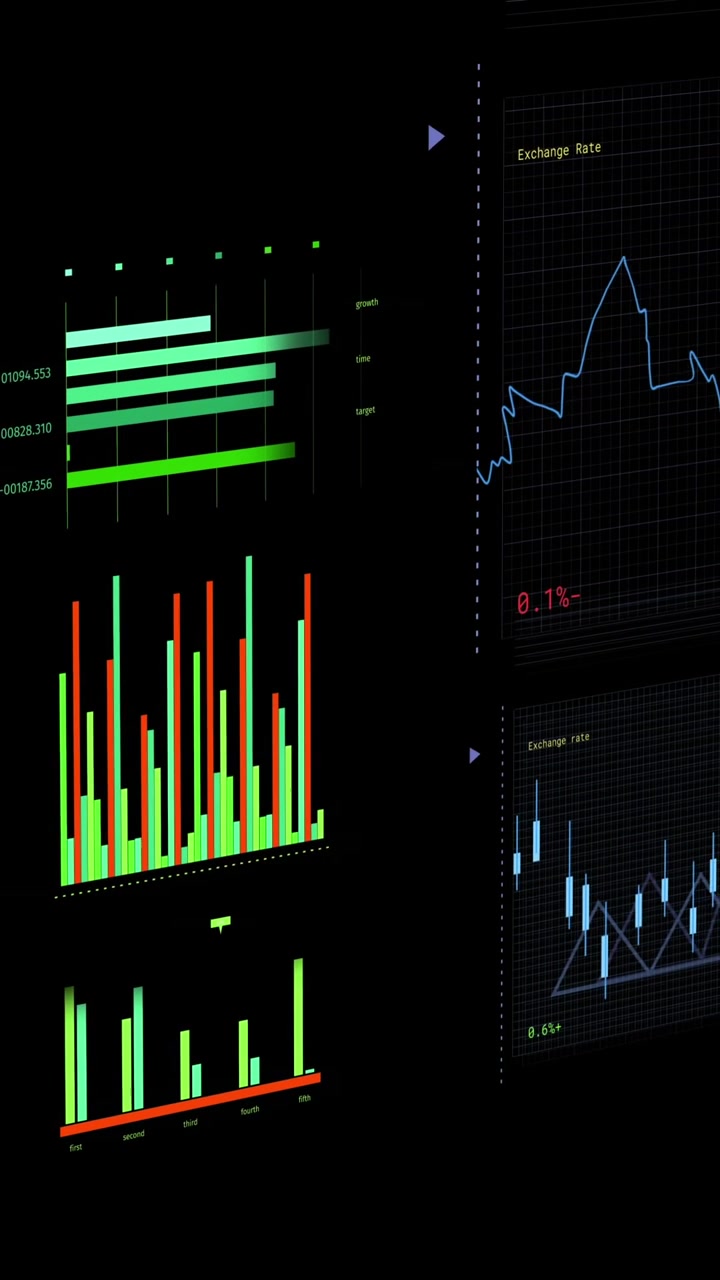 Animation of financial data processing on screen over black background