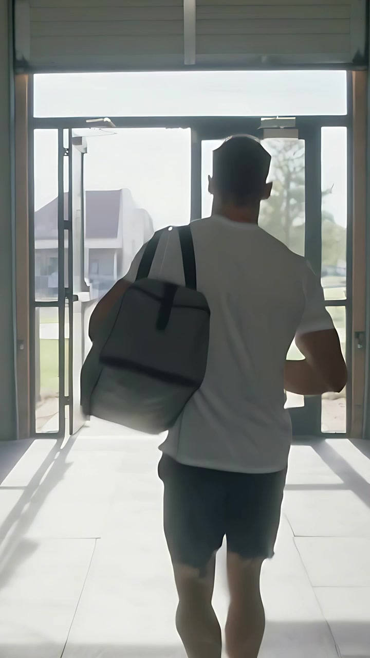 Vertical video: Leaving gym man in white tee dark shorts with duffel walking through glass doors