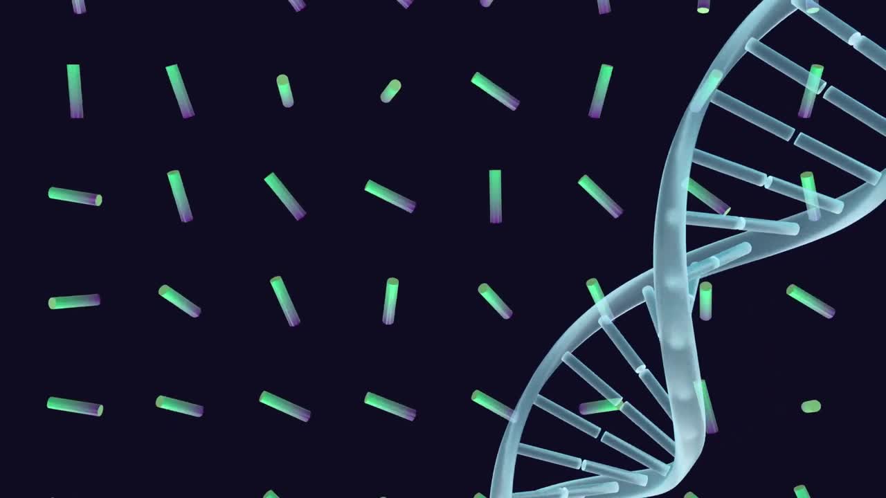 Animation of dna strand and shapes over black background