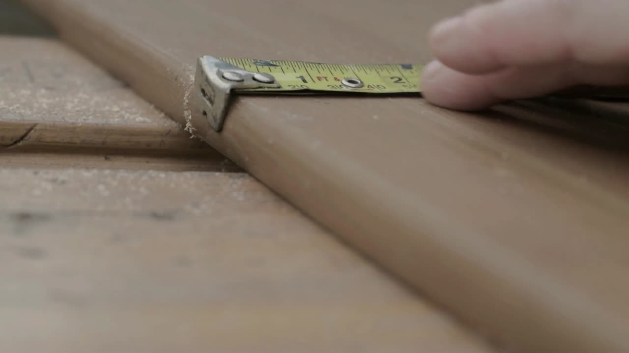 mano de obra usando cinta métrica de metal para medir la pieza de madera