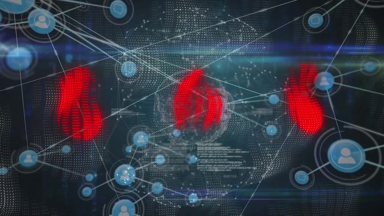 Animation of red shapes and globe over network of connections on black background