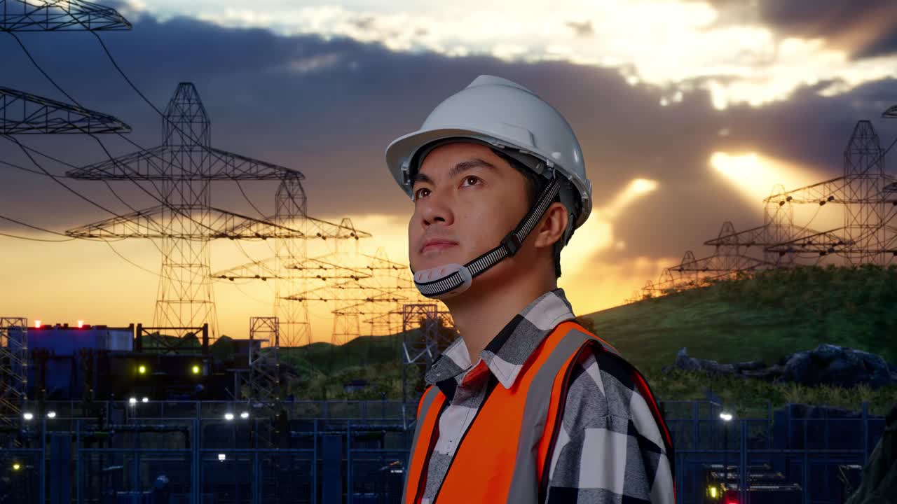 Close Up Side View Of Asian Male Engineer With Safety Helmet Looking Around While Standing Near High Voltage Tower