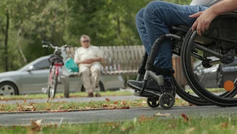 man with disabilities in wheelchair walk at the park alley