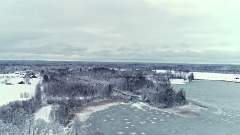 Ein-Zugefrorener-See,-Schnee-Und-Ein-Frostiger,-Immergrüner-Wald-An-Einem-Kalten-Wintertag-–-Luftüberflug