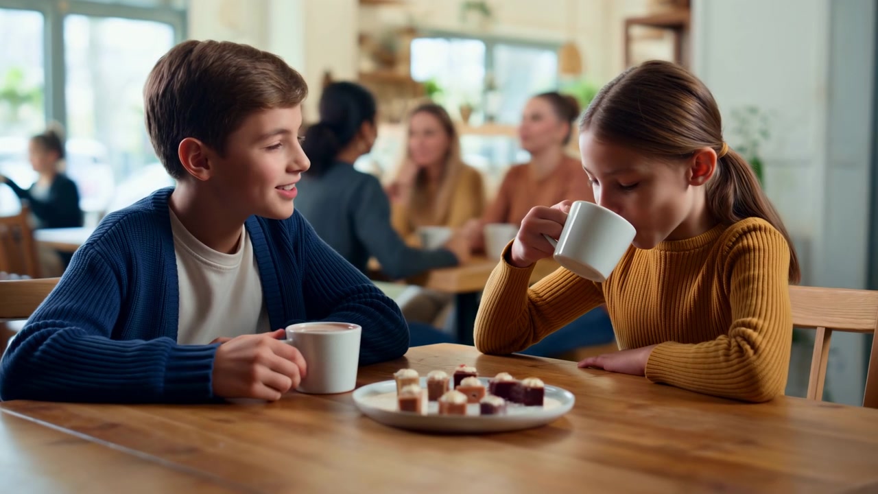 Bambini che condividono la cioccolata calda in un caffè, due bambini sorridenti siedono a un tavolo di legno, passandosi le tazze e divertendosi.