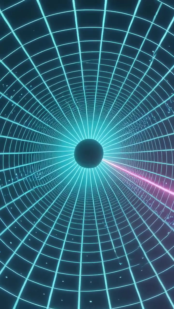 Vertical video: Firing pink beam sweeping cyan grid tunnel toward lower-right, center sphere haloed