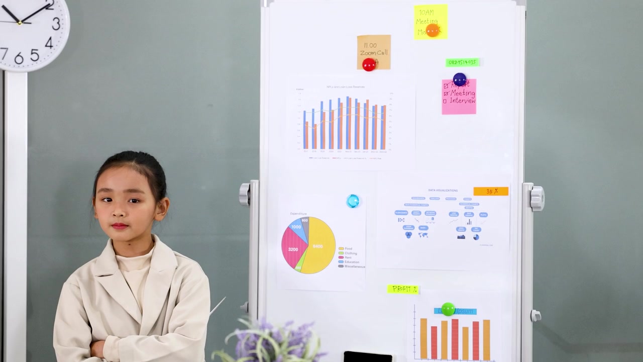 A young girl wearing a professional suit stands confidently beside a whiteboard with business infographics