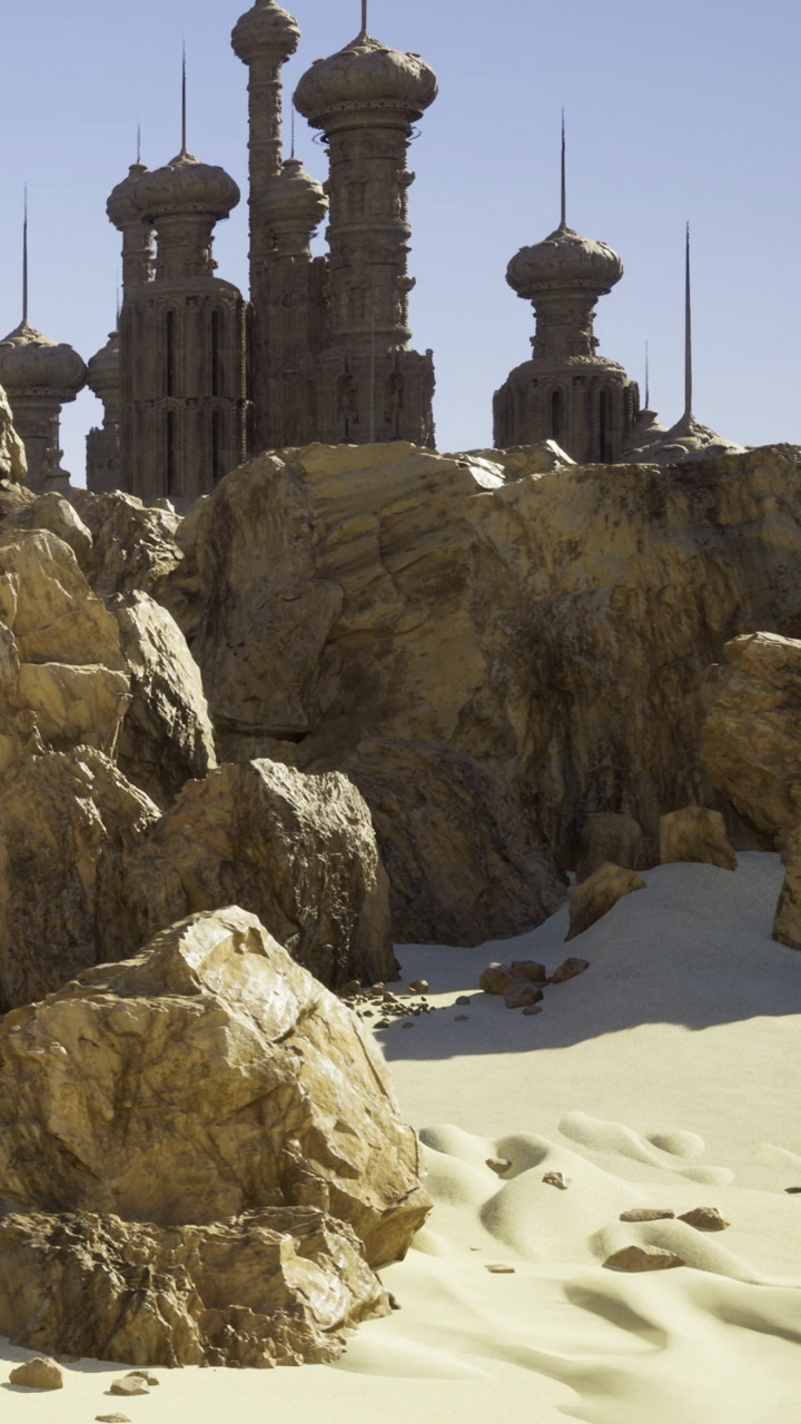 Rocky terrain with ancient structures under a clear sky in a desert
