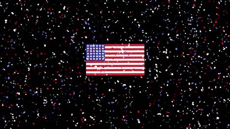 animation of red and blue confetti falling and american flag on black background