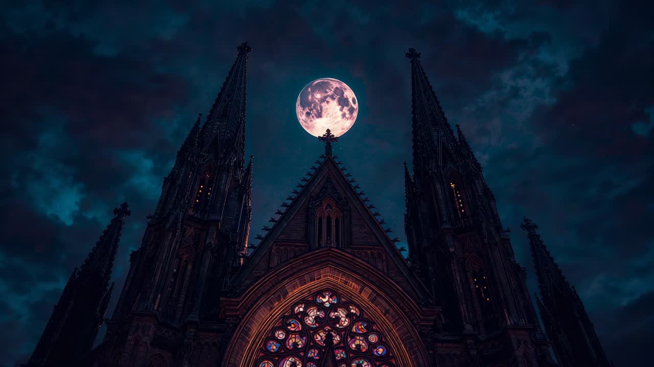 Opening shot featuring camera capturing gothic cathedral facade under moonlit sky, clouds drifting