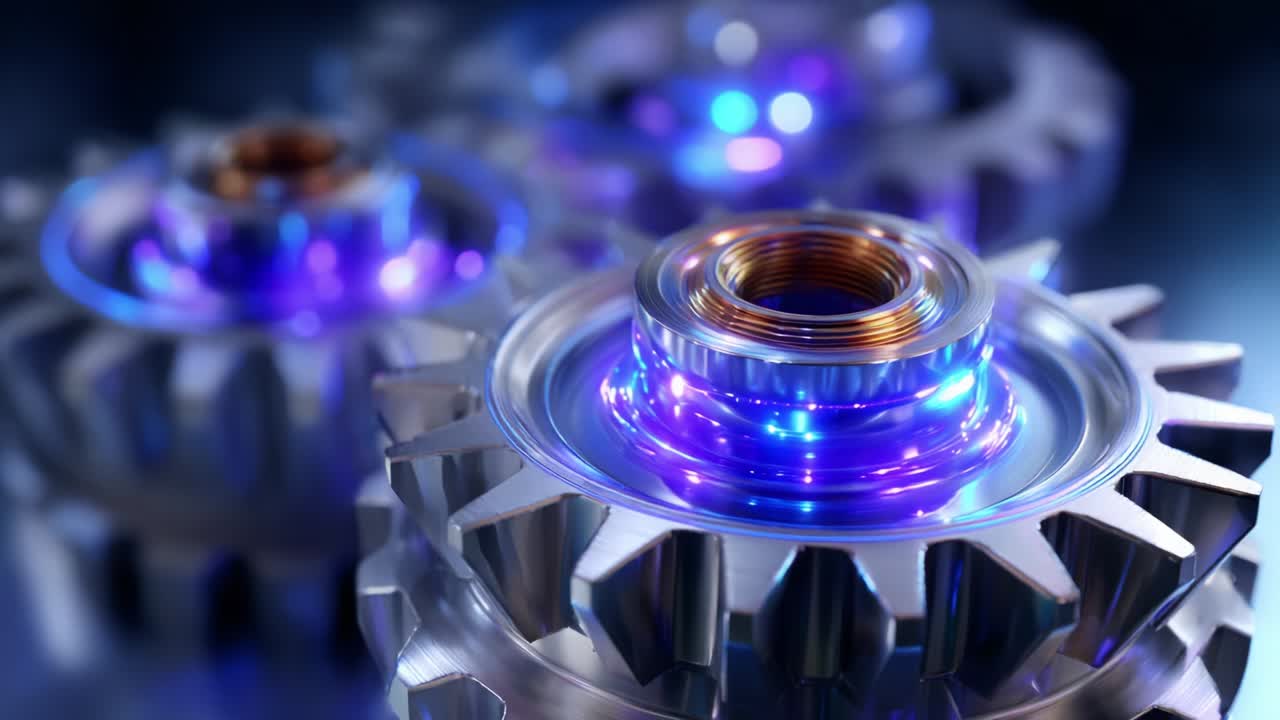 A Close-Up View of Interlocking Metallic Gears with Glowing Blue Lights, Showcasing Intricate Mechanisms and Surface Details in a High-Definition 3D Rendered Environment