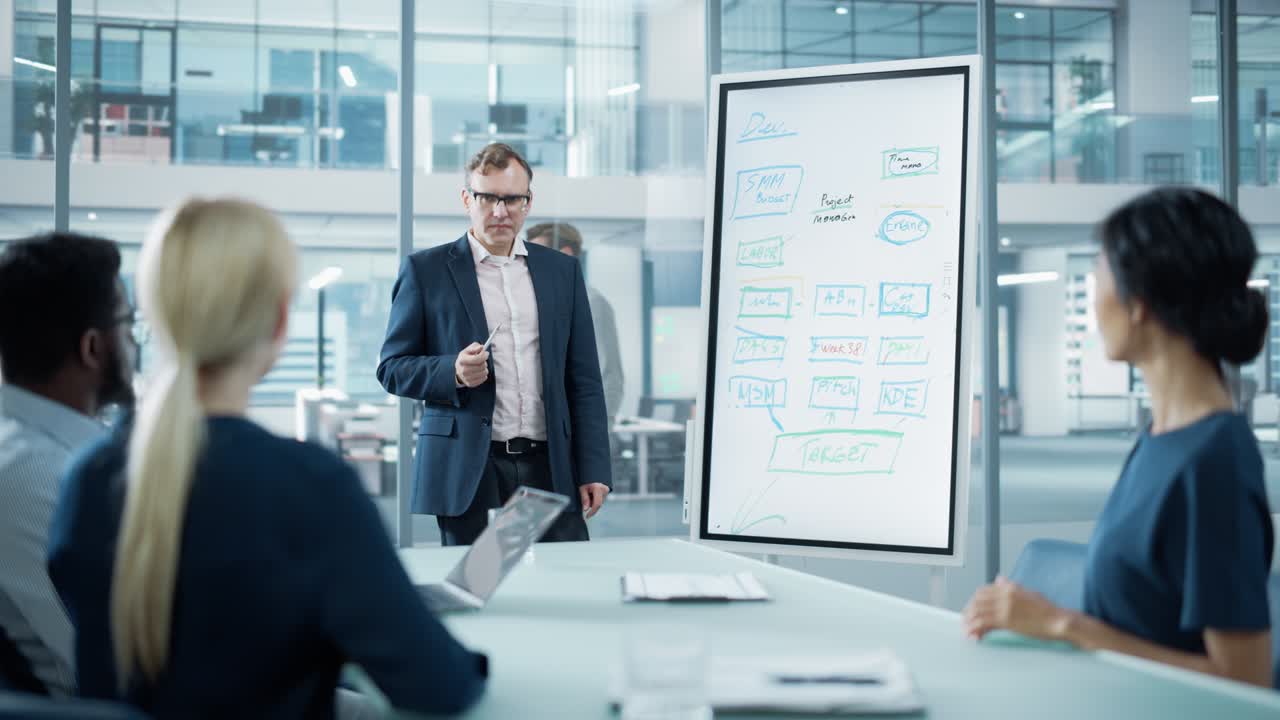 Company Operations Manager Holds Meeting Presentation for a Team of Economists. Adult Male Uses Digital Whiteboard with Company Project Management Plan, Charts, Data. People Work in Business Office.